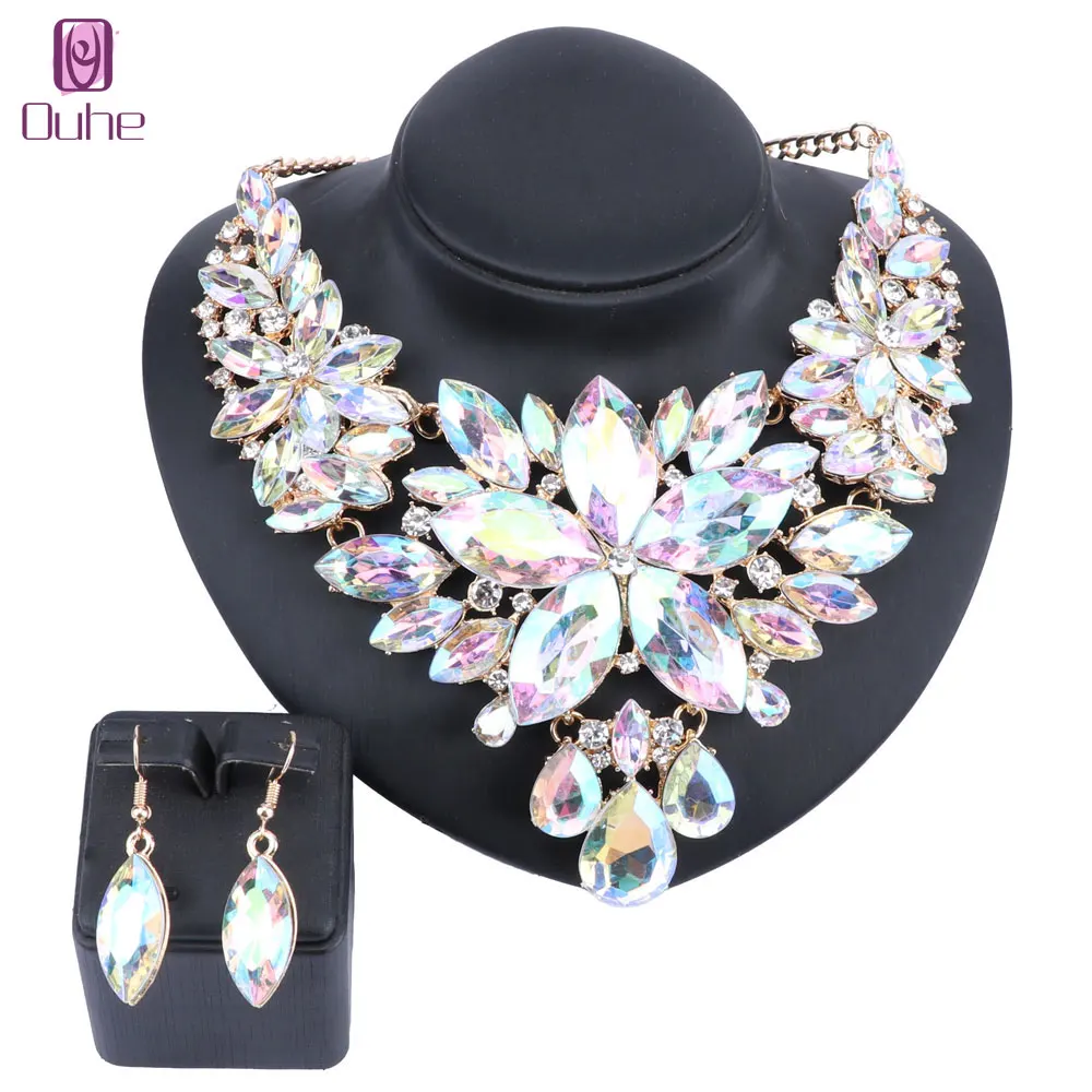 High Quality Crystal Choker Statement Necklace Earring Jewelry Set Rhinestone Wedding Gift Women Brides Prom Party