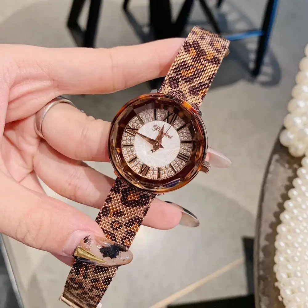 Relojes de leopardo de marca Sexy para mujer, reloj de pulsera con número romano, cristales de vestido de verano, reloj de pulsera Milanesa De acero completo, reloj de cuarzo