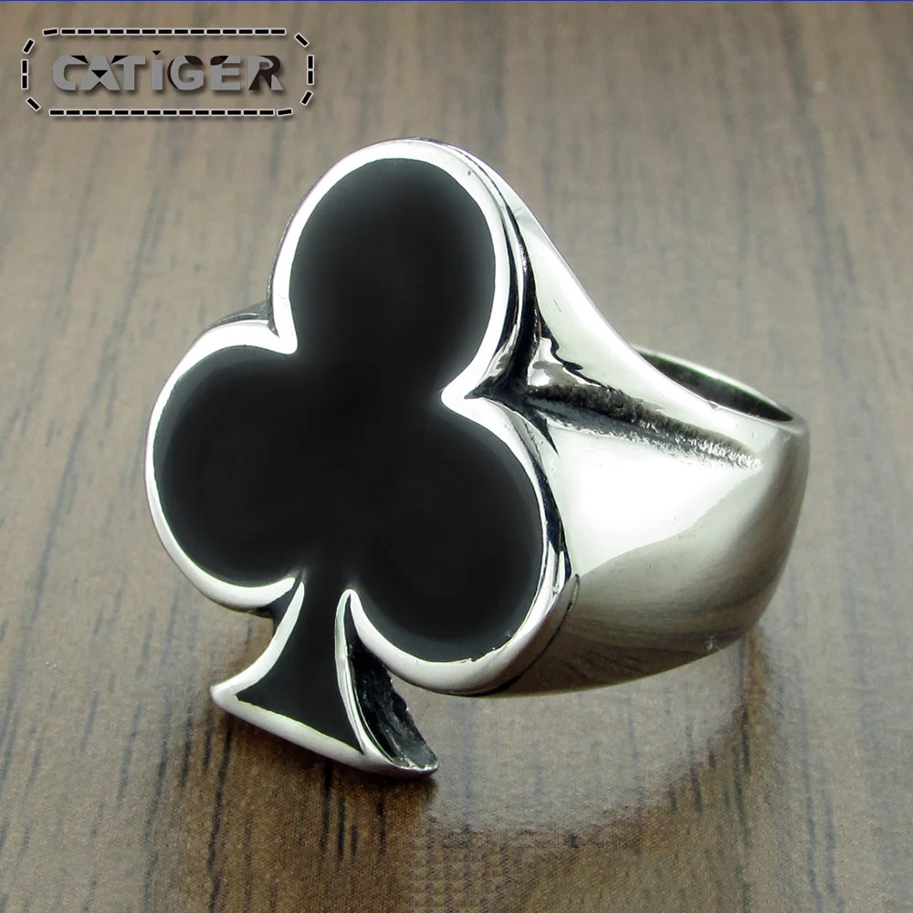 Punk 316L Stainless Steel Silver Color Black Enamel Playing Cards Poker Club Ring Jewelry
