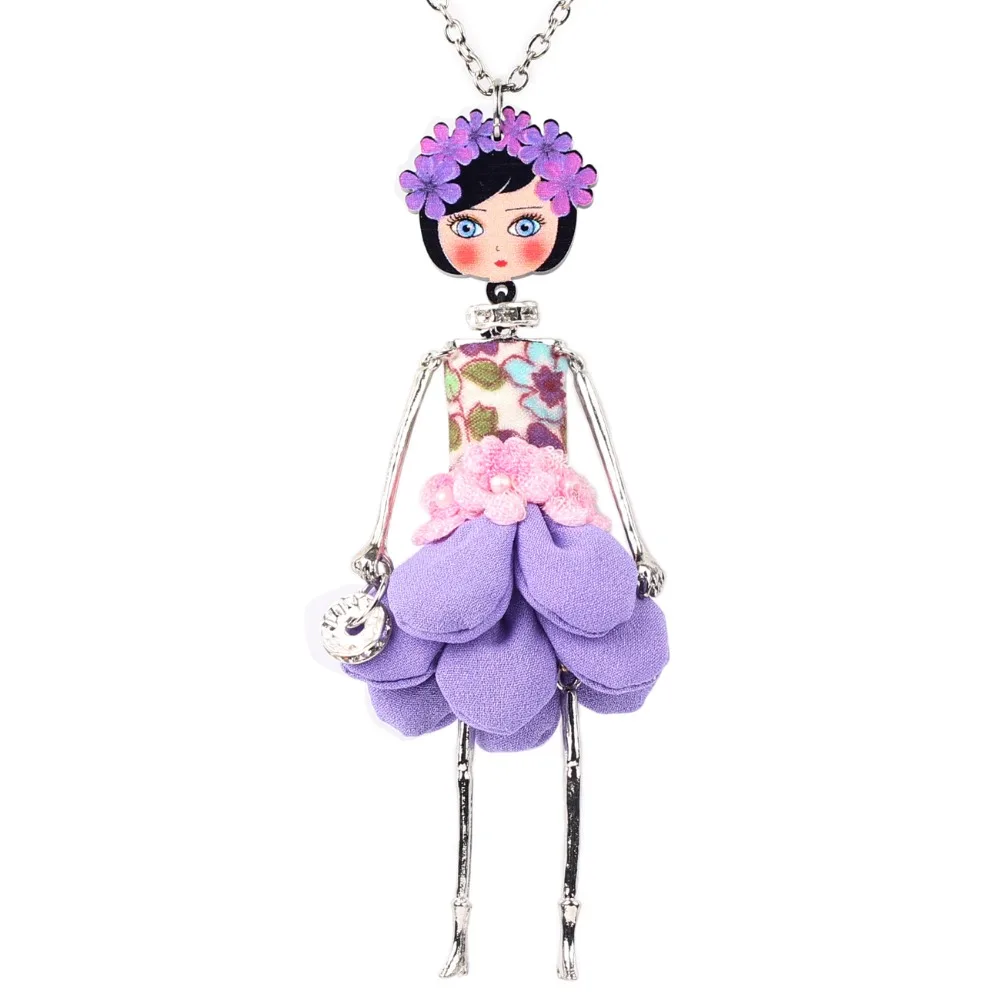 Bonsny Statement Flower Doll Necklace Dress Handmade French Doll Pendant News Alloy Girl Women Flower Fashion Jewelry Gift