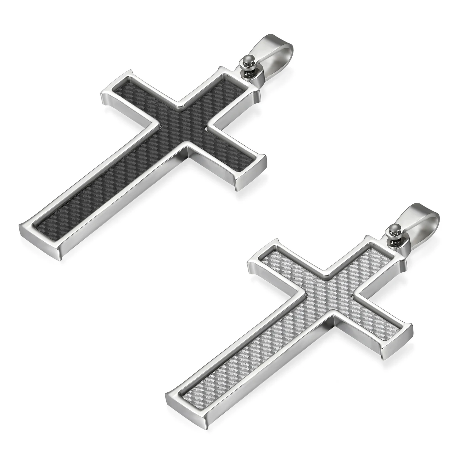 BONISKISS Carbon Fiber Stainless Steel Mens Cross Necklace Pendant, Black Silver Color , 21.5 inch Chain