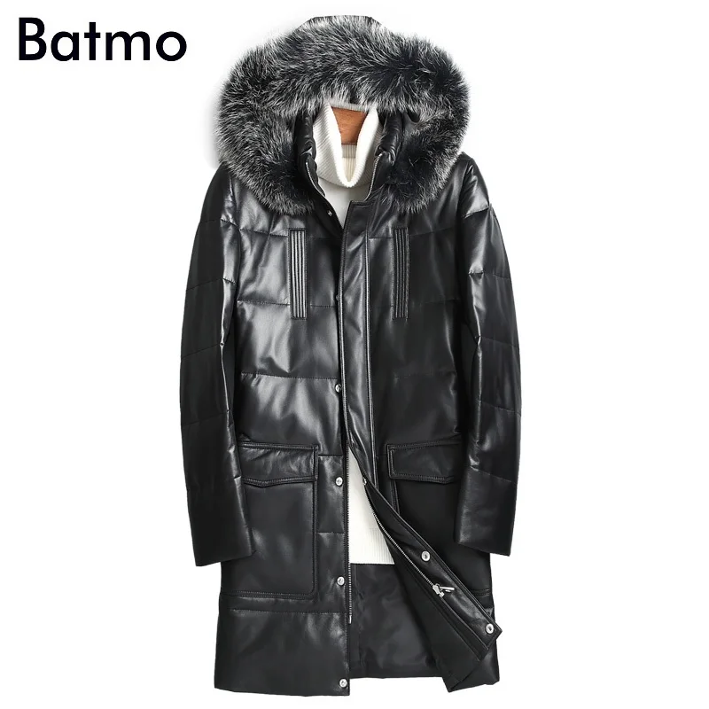 

BATMO 2021 new arrival winter high quality sheepskin white duck down hooed jackets men,men's fox fur collar leather coat,X17317