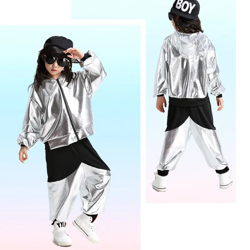 child girl boy performance gold silver Hip hop HIPHOP Jazz modern Ballroom break dance suit costume hooded costumes Pants adult