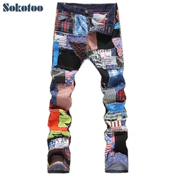 Sokotoo Men's patchwork spliced ripped denim jeans Male fashion slim colored patch buttons fly straight pants Free shipping