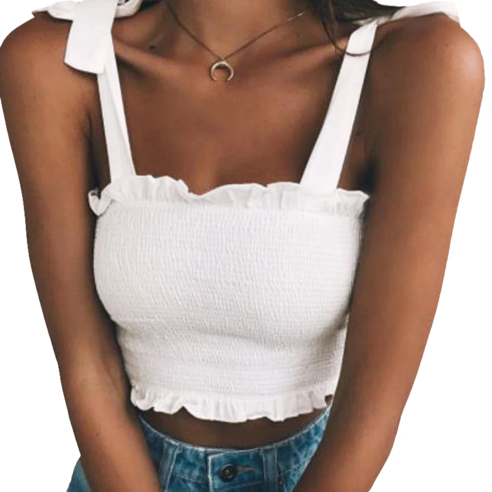 Summer Crop Top Women Sexy Sleeveless Slim Ruffled Bandage Vest Solid Color Tank Top Women Clothing 2023 топ женский