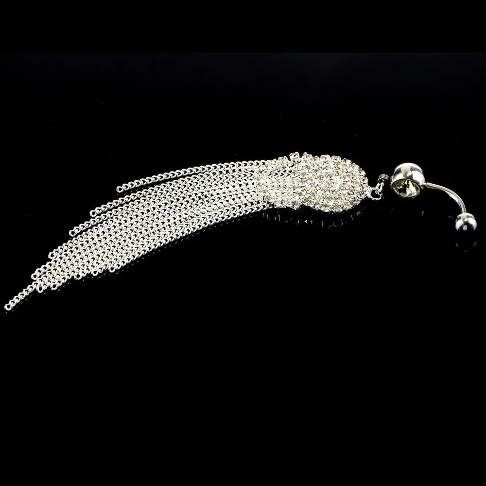 1pc Trendy Long Tassel Belly Button Ring with Rhinestone Charm Surgical Steel Navel Piercing Dangle Belly Piercing Body Jewelry