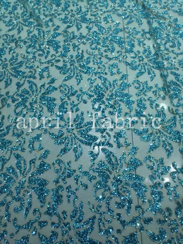 

5yards hh008 lake blue glued glitter classic pattern floral net mesh luxury fancy shining fabric for sawing /wedding dres