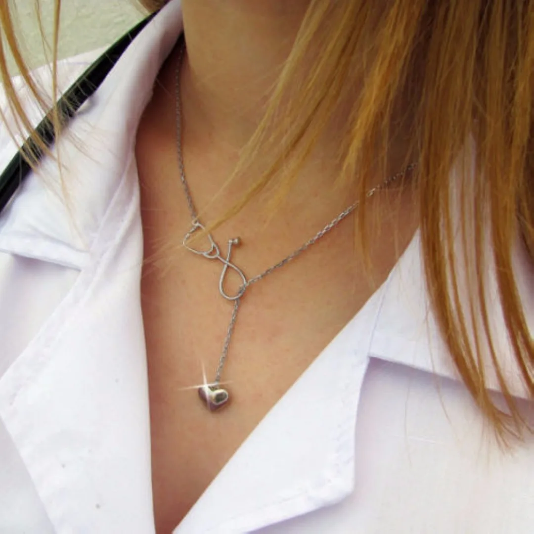 4 Colors Doctor Nurse Stethoscope Lariat Heart Pendant Chain Necklace Jewelry
