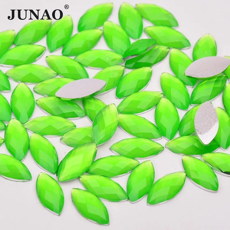 JUNAO 7x15mm neón verde resina pedrería de caballo ojo de cristal apliques no piedras para coser Scrapbook Strass Flatback artesanía de cristales