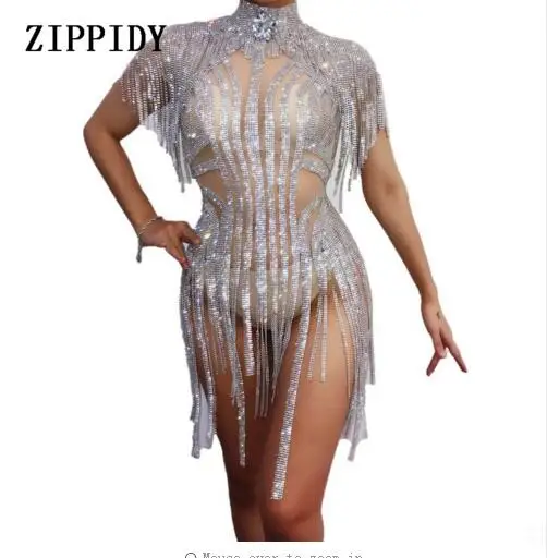 2018 Bling Silver Rhinestones Fringes Bodysuit Birthday Celebrate Costume Female Singer Bling Tassel Leotard Stage Dance Wear