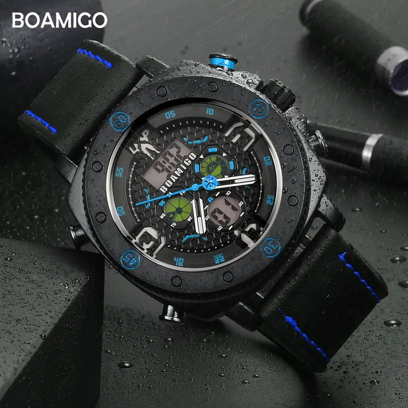 Boamigo Merk Mannen Sport Horloges Mode Quartz Led Digitale Horloges Waterdicht Leer Klok Reloj Hombre Relogio Masculino