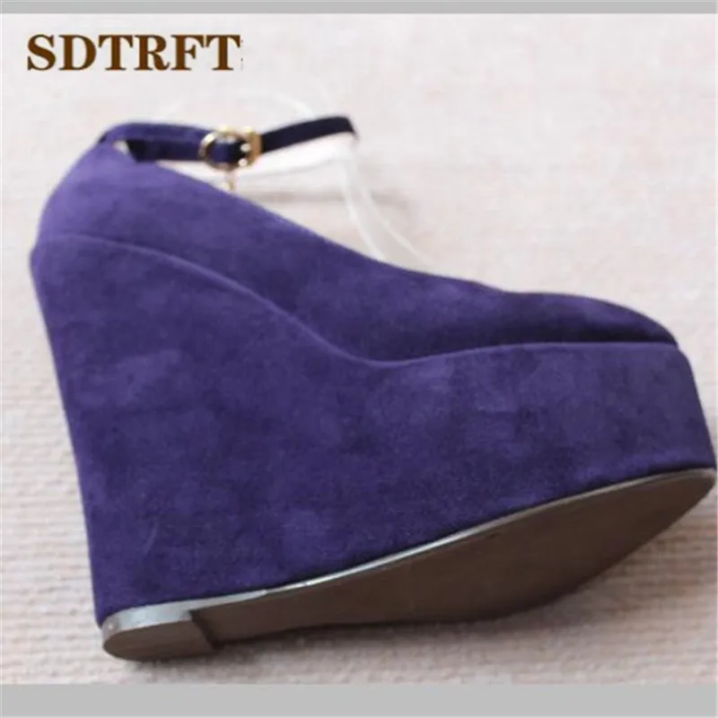 SDTRFT stilettos small Yards:30 31 32 33-43 sweet 15cm High-Heeled Ankle strap Suede platform shoes wedges shallow mouth pumps