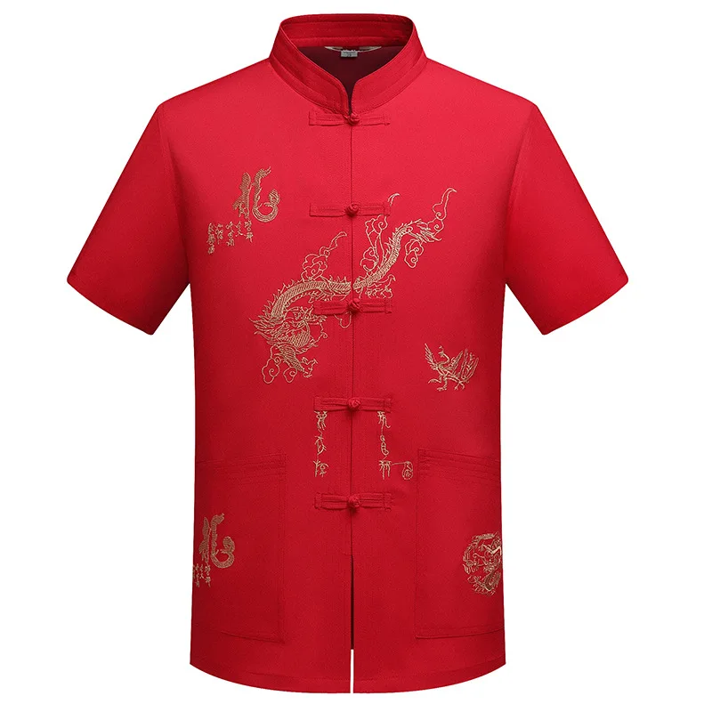 Vêtement traditionnel chinois Tang, haut à col Mandarin, Kung Fu Wing Chun, haut à manches courtes, broderie Dragon