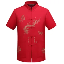 Ropa Tang tradicional china, Top de cuello mandarín, camiseta de manga corta con bordado de dragón, M-XXXL