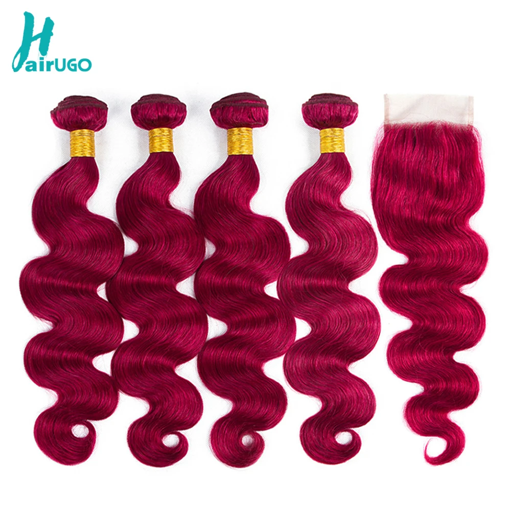 HairUGo Peruvian Burgundy Bundles With Closure Body Wave Bundles With Closure Ombre Human Hair Bundles With Closure Remy Weaving