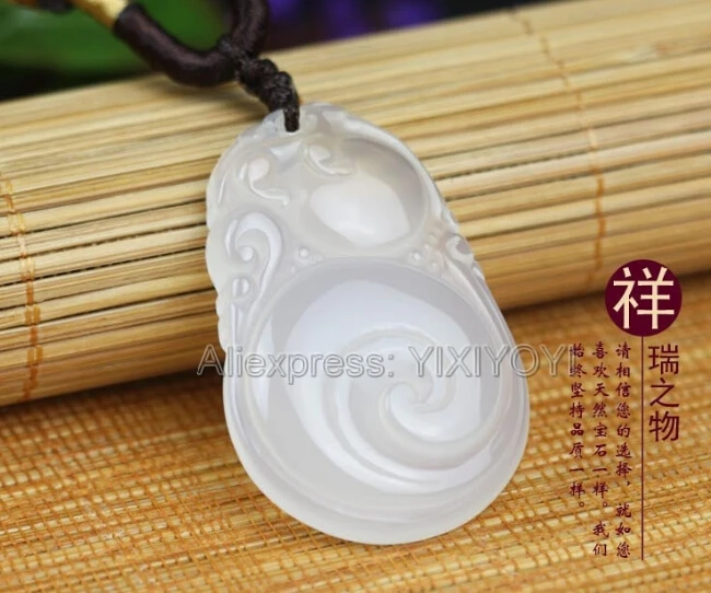 Wonderful Chinese Handwork Natural White Agate Jade Carved RiYu Amulet Lucky Blessing Pendant + Rope Necklace Fine Jewelry