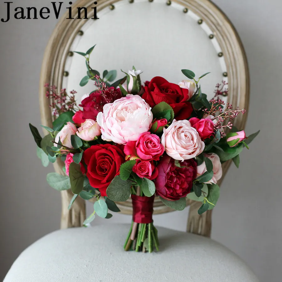 

JaneVini European Style Red Bridal Bouquet Flowers Pink Rose Burgundy Peony Wedding Bouquet Bride Bouquets Vintage Brooch Bukiet