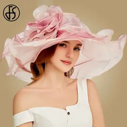 FS Pink Kentucky Derby Hat For Women Organza Sun Hats Flowers Elegant Large Wide Brim Ladies Wedding Church Fedoras