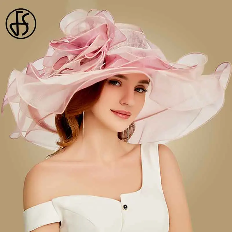 FS Pink Kentucky Derby Hat For Women Organza Sun Hats Flowers Elegant Wide Brim Ladies Wedding Tea Party Church Fedoras Hat