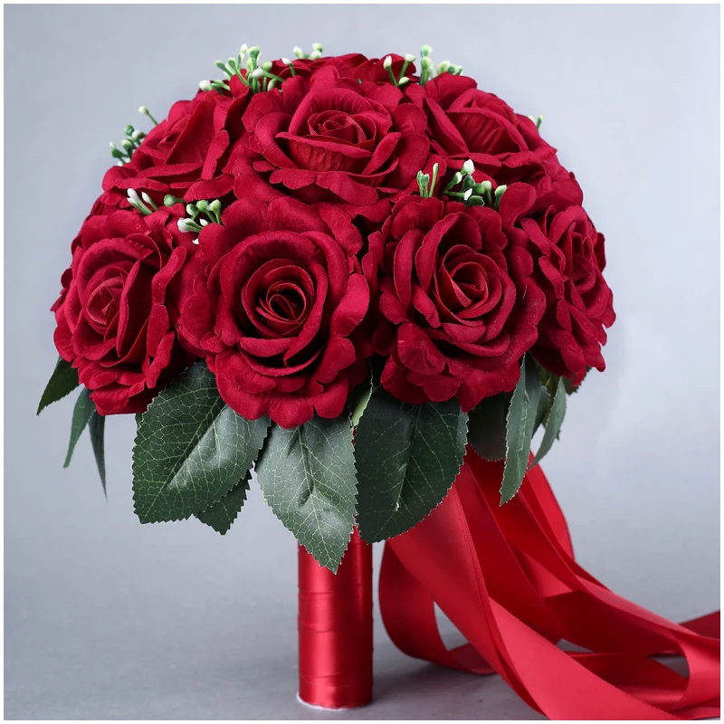 Wedding Bride Bouquet Flower Chinese Red Creative Wedding Bridesmaid Hand Flower with Ribbon Props 15 Pcs Rose