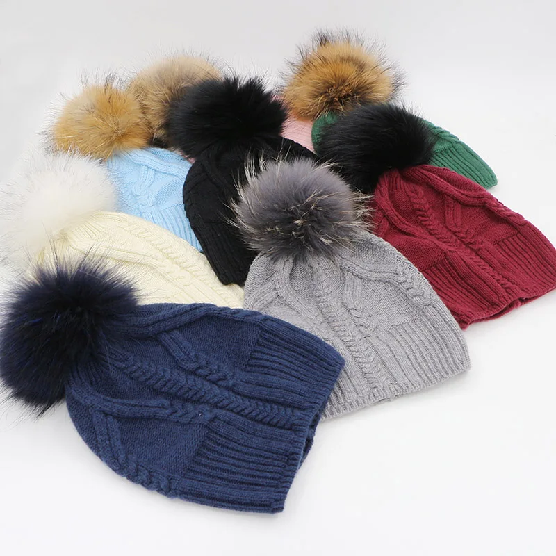 2016 New Style Winter Hats For Women Fashion 100% Wool & Fur Pom Pom Beanies Hats Navy Blue Fur Pompoms Sweater Twisting Hats image 2