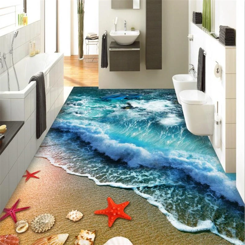 wellyu Custom flooring 3d обои self-adhesive floor drawing beach waves 3D living room bedroom floor painting papel de parede 3d