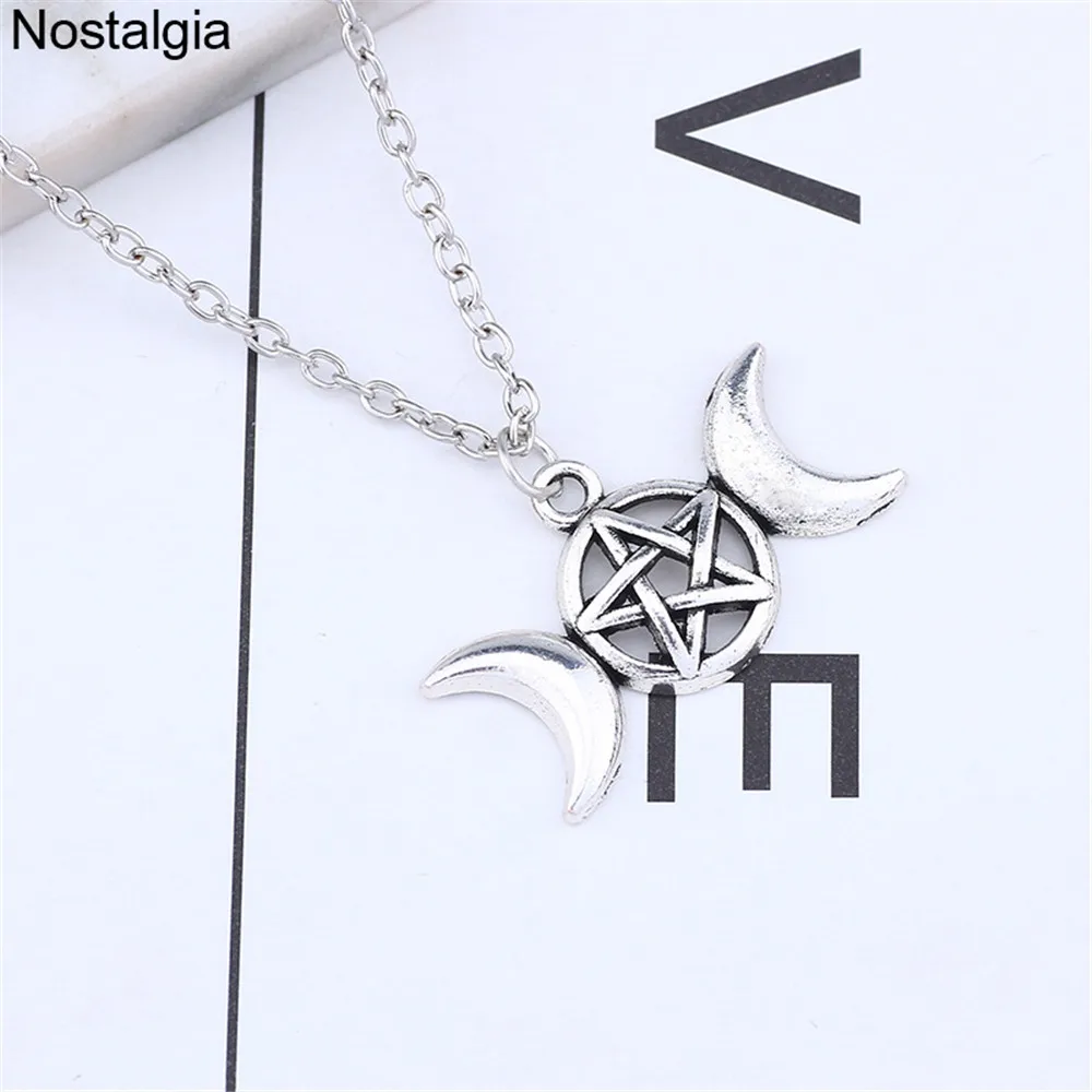 Nostalgia Wiccan Triple Moon Goddess Pendant Necklace Men Women Wicca Pagan Pentagram Pentacle Witch Jewelry