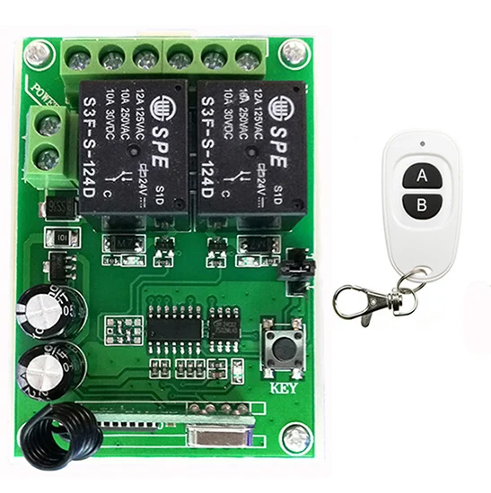 DC24V 2CH RF interruptor inalámbrico receptor de relé controladores remotos y teclas AB blancas transmisor impermeable/lámpara/ventana/puertas de garaje