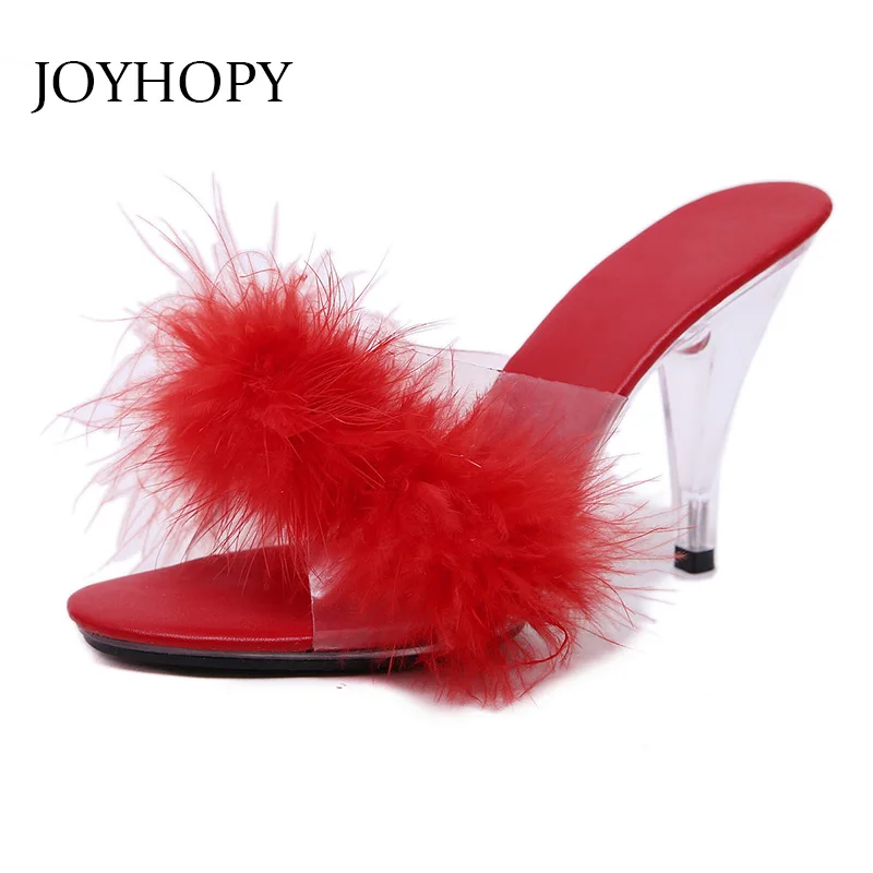 Sexy 7CM 10CM Feather Party High Heels Shoes Women Summer Fur Transparent Slippers Plus Size 34-45 Ladies Sandals WS0019