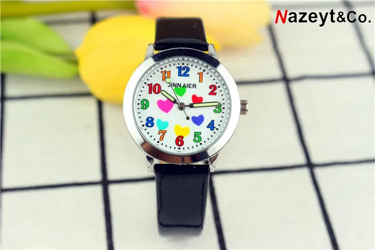 Reloj de pulsera con manos luminosas para niños y niñas, bonito reloj de cuarzo para estudiantes con cara de corazón, reloj de cuero para niños