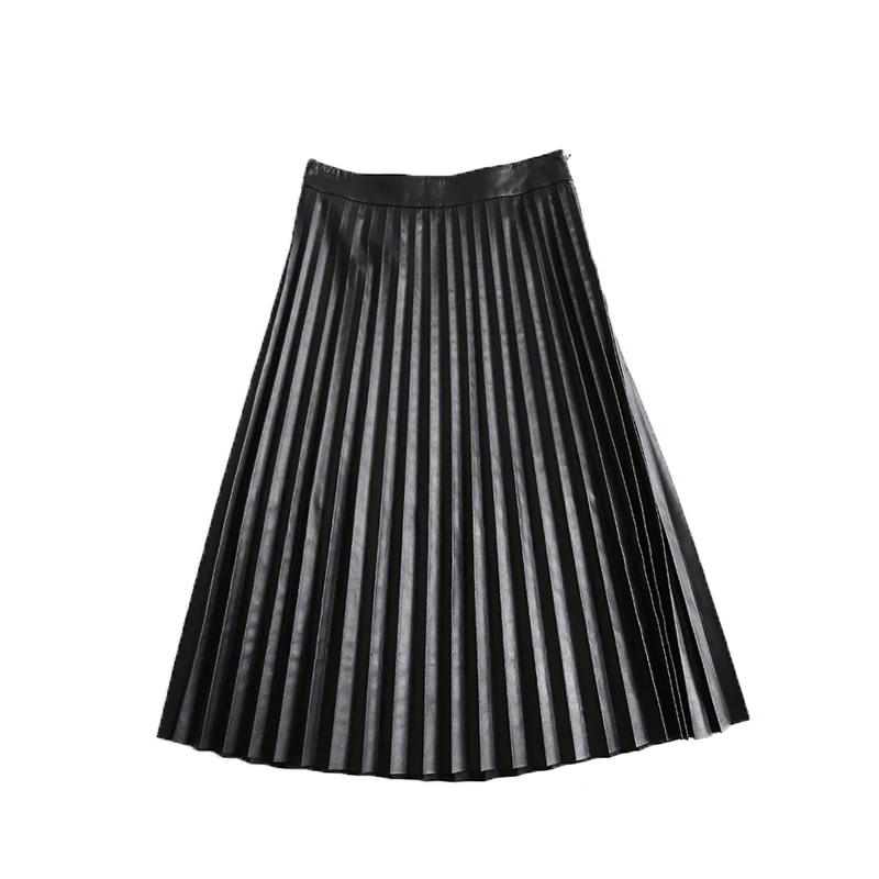 Ropa De Mujer 2023 Elegant Fashion Women Full-length Genuine Leather 75cm Long Pleated Skirt Lady Nappa Street Black Jupe Faldas