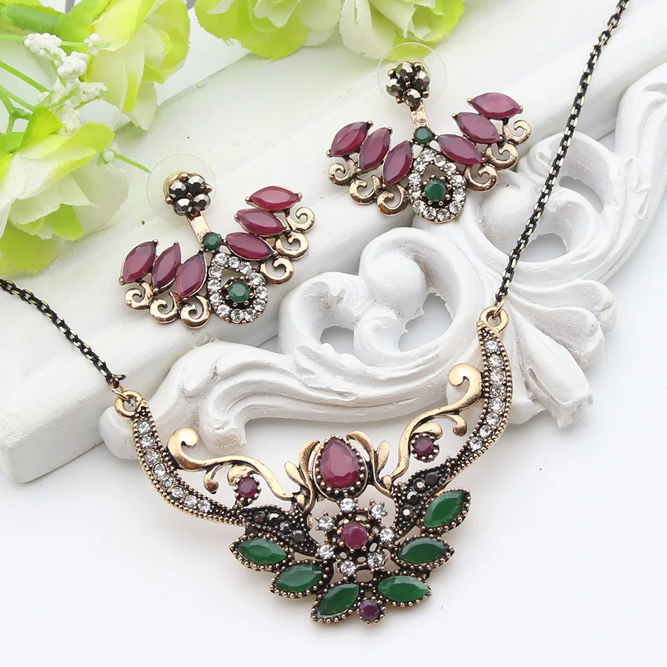 New Style Turkish Wing Jewelry Sets For Women Retro Gold Color Resin Adjustable Earrings Flower Necklace India Ethnic Bijoux