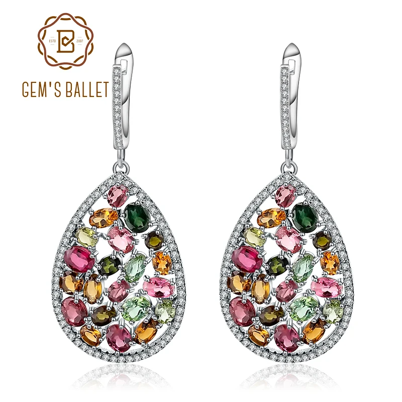 

GEM'S BALLET 10.95Ct Colorful Natural Tourmaline Gemstone Drop Earrings 925 Sterling Silver Fashion Fine Jewelry For Women