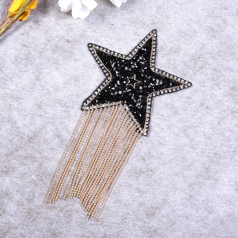 6 Style Luxury Crystal Rhinestone Star Tassel Badge Patches for Clothing Iron on Clothes Jacket T Shirt Appliques Stripe Sticker