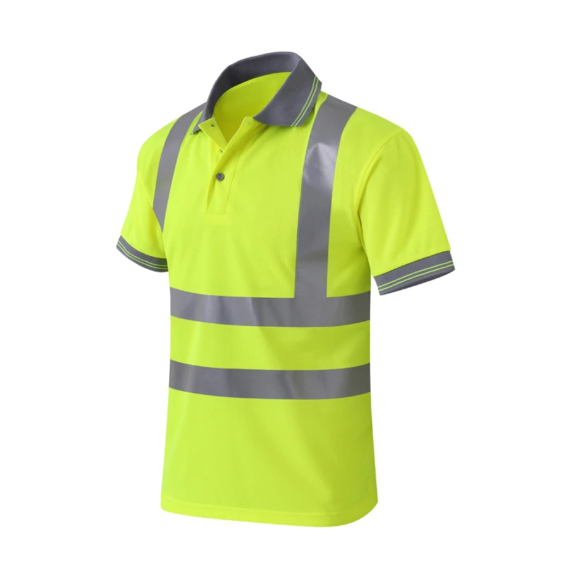 Hi Vis Reflective Safety Work Shirt Mens Workwear Polo Shirt Fluorescent Yellow Reflective Tape Breathable Riding/Traffic