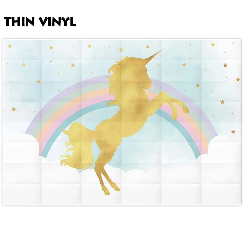 Funnytree photography backdrops rainbow color golden unicorn Silhouette clouds blue sky baby birthday background wallpaper