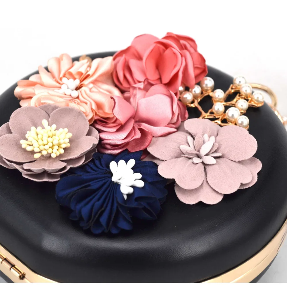 Circular pu Flower Women Clutch Evening Bag Lovely Black Wristlets Floral party Bag Wedding Bag pochette Female Handbag x55