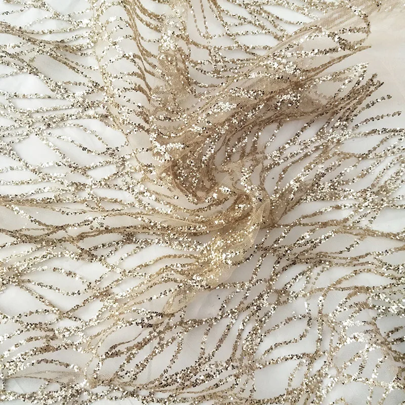 French Art Curved Lace Sequins Net Fabric, Shiny Party Dress Mesh Fabric, DIY Sewing Accessories, Champagne Gold, 360 cm