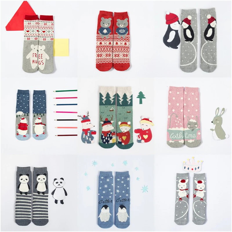 Women Warm Cotton Socks Lovely Animal Pattern Autumn Winter Cartoon Christmas Gifts Thick Adult Mid-calf New Christmas Socks