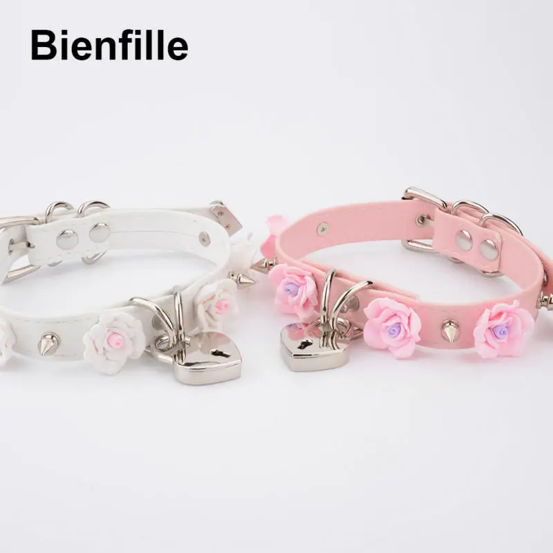 Punk Gothic PU Leather Buckle  Necklace Spiked Choker Handmade Kawaii Rose Flower Necklace Heart Lock With Key 8 Colors
