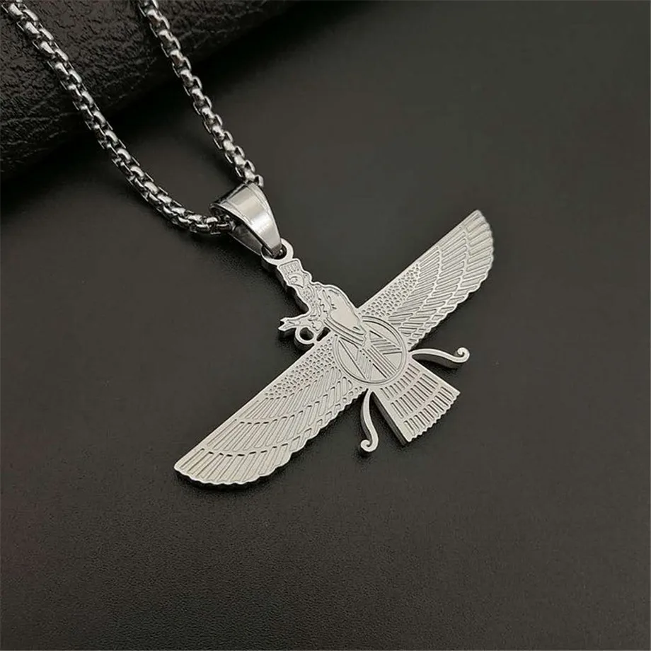 قلادة رجالي من Faravahar Ahura تُشحن عبر وسيط تجاري إلكتروني من الفولاذ المقاوم للصدأ باللون الذهبي قلادة إيرانية للنساء N1491