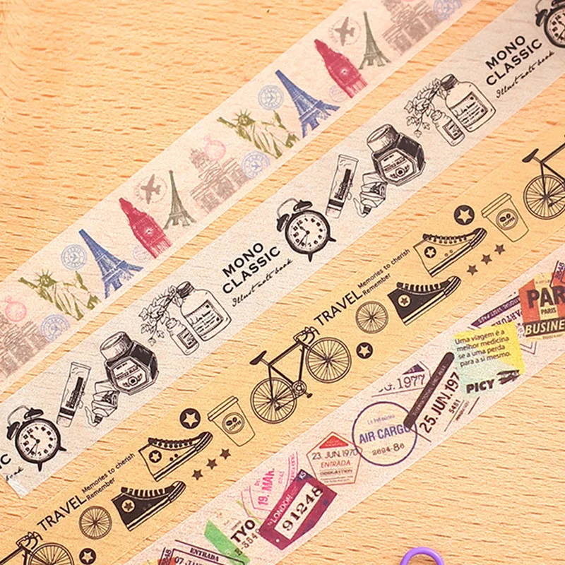 

Beautiful HAPPY TRAVEL washi paper tape/15mm*10m BICYCLE/STAMP/MOND CLASSIC/SCENIC SPOT diy masking washi tape