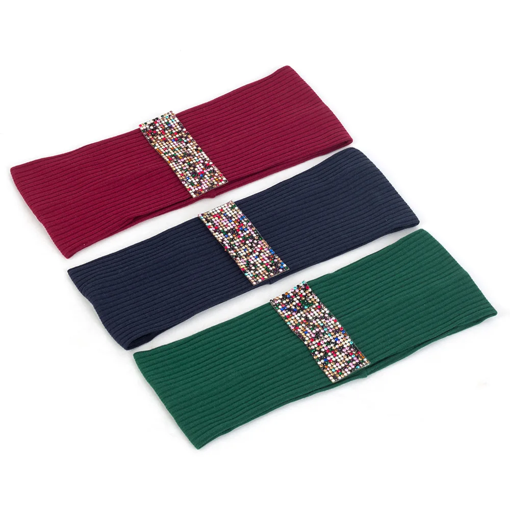 Casual Women Thin Cotton Ribbed Headband Colorful Rhinestones Accessories Stretchy Head Wrap Hairband For Female Striped Turban