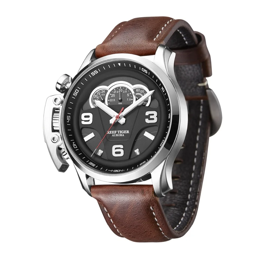 New Reef Tiger/RT Outdoor Sport Watches for Men Steel Analog Quartz Watches Leather Strap Waterproof Watch Montre Homme RGA2105