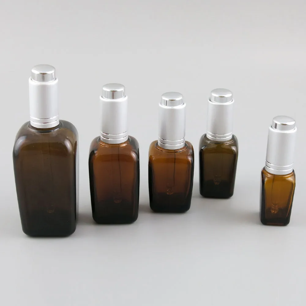 360 Stuks 10 Ml 25 Ml 35 Ml 50 Ml 100 Ml Bruin Vierkante Druppelflesje Essentiële olie Serum Glas Amber Flessen Met Druk Pomp Druppelaar