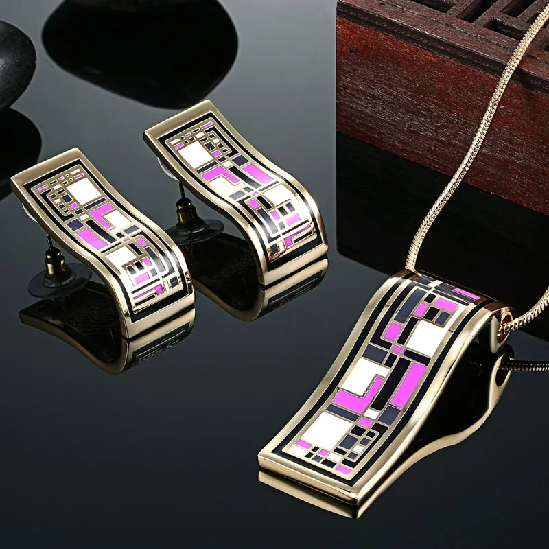 Zlxgirl jewelry Hot selling Purple Violetta Enamel necklace Earring jewelry sets Brand gold color wedding Bridal jewelry sets