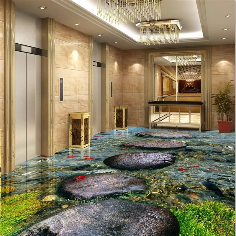 beibehang Custom Floor Paintings Wallpaper Stone Stream River Bathroom 3D Self-adhesive floor tiles painting Papel de parede