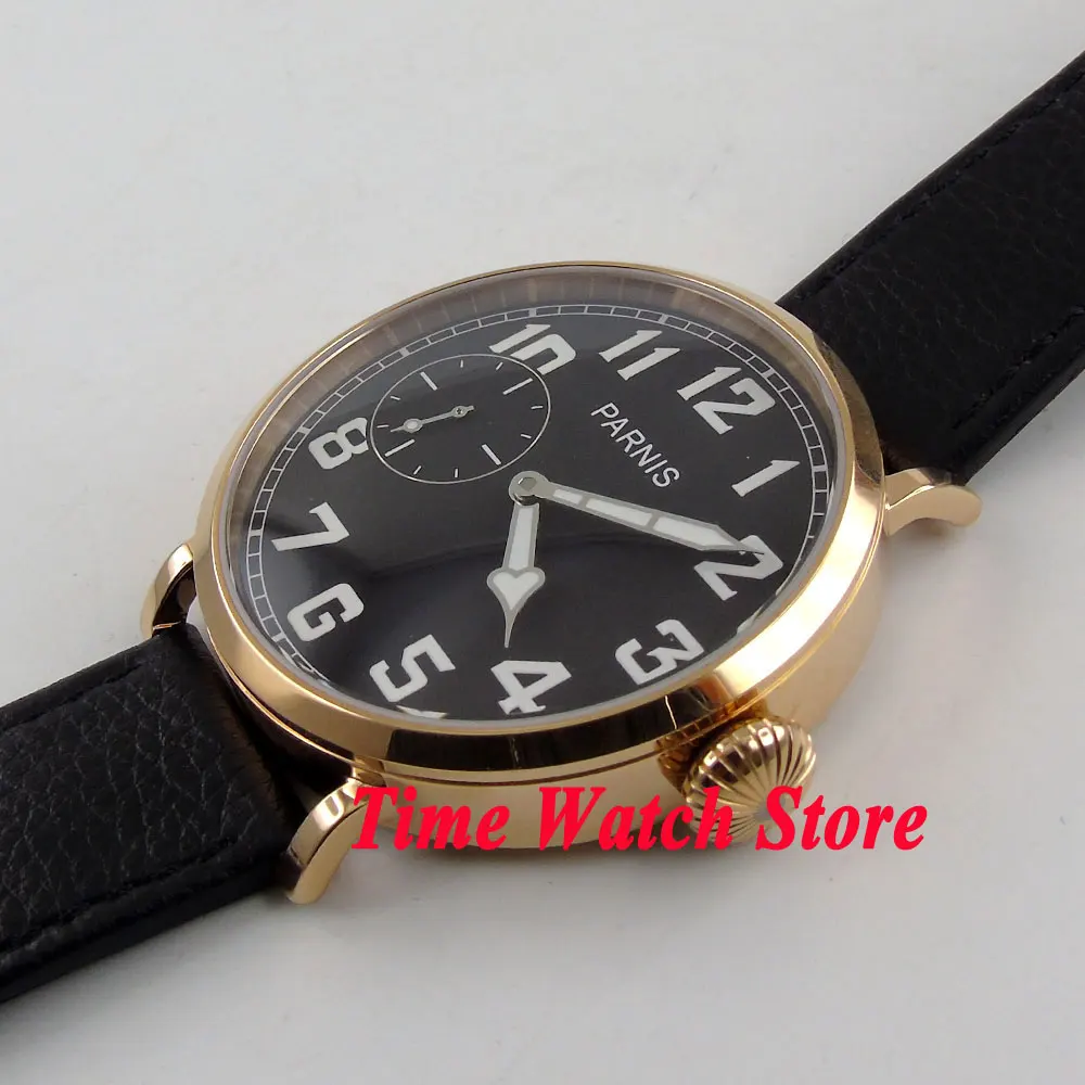 Parnis 46mm Rose Gold Mens Watch 6497 Hand Winding Movement Black Dial Luminous Arabic Numbers Small Seconds Leather Strap