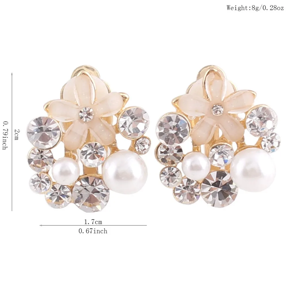 Top Quality Rhinestone Opal Flower Simulated Pearl Water Drop Shape Clip on Earrings No Pierced for Women Fashion Bride Ear Clip