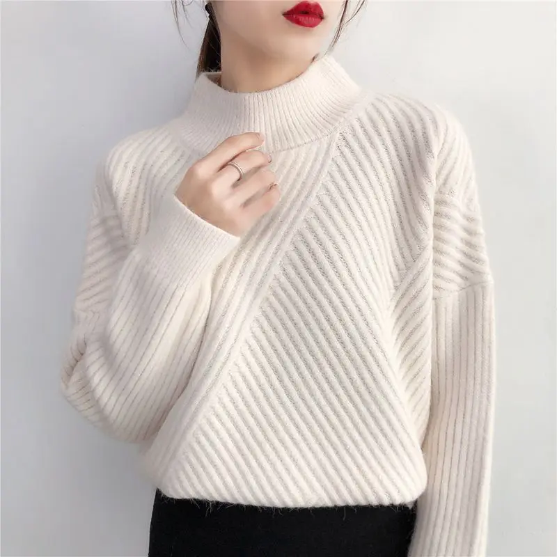 

PEONFLY Fashion Women Warm Solid Sweaters Casual Full Sleeve Turtleneck Loose Pullovers Computer Knitted Autumn Winter